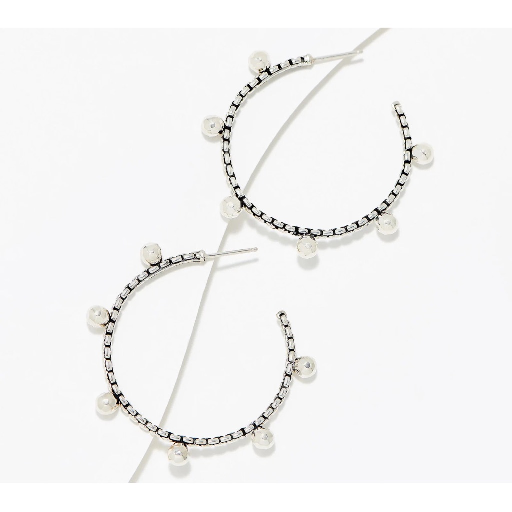 Jal Sterling Silver Hammered Bead 2" Hoop Earrings (New)